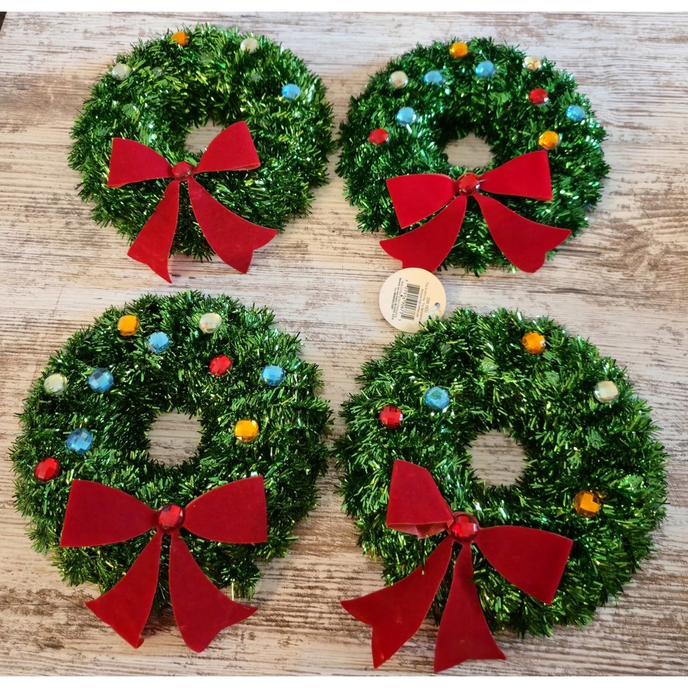 Set of 4 Mini Green Tinsel Christmas Wreaths with Red Bows & Gems 288-1931